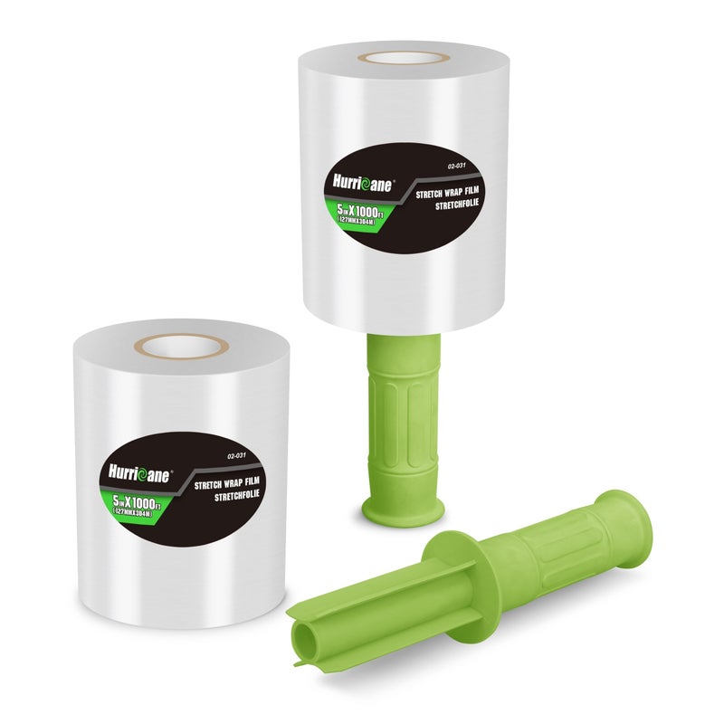 HURRICANE Stretch Wrap Film with Plastic Handle, 2 Pack Mini Clear Stretch Wrap Film Roll, 80-Gauge 5 Inch 1000 Ft, Clear Shrink Wrap Roll Stretch Plastic Wrap Roll, for Packing, Moving, Storage - Image 1